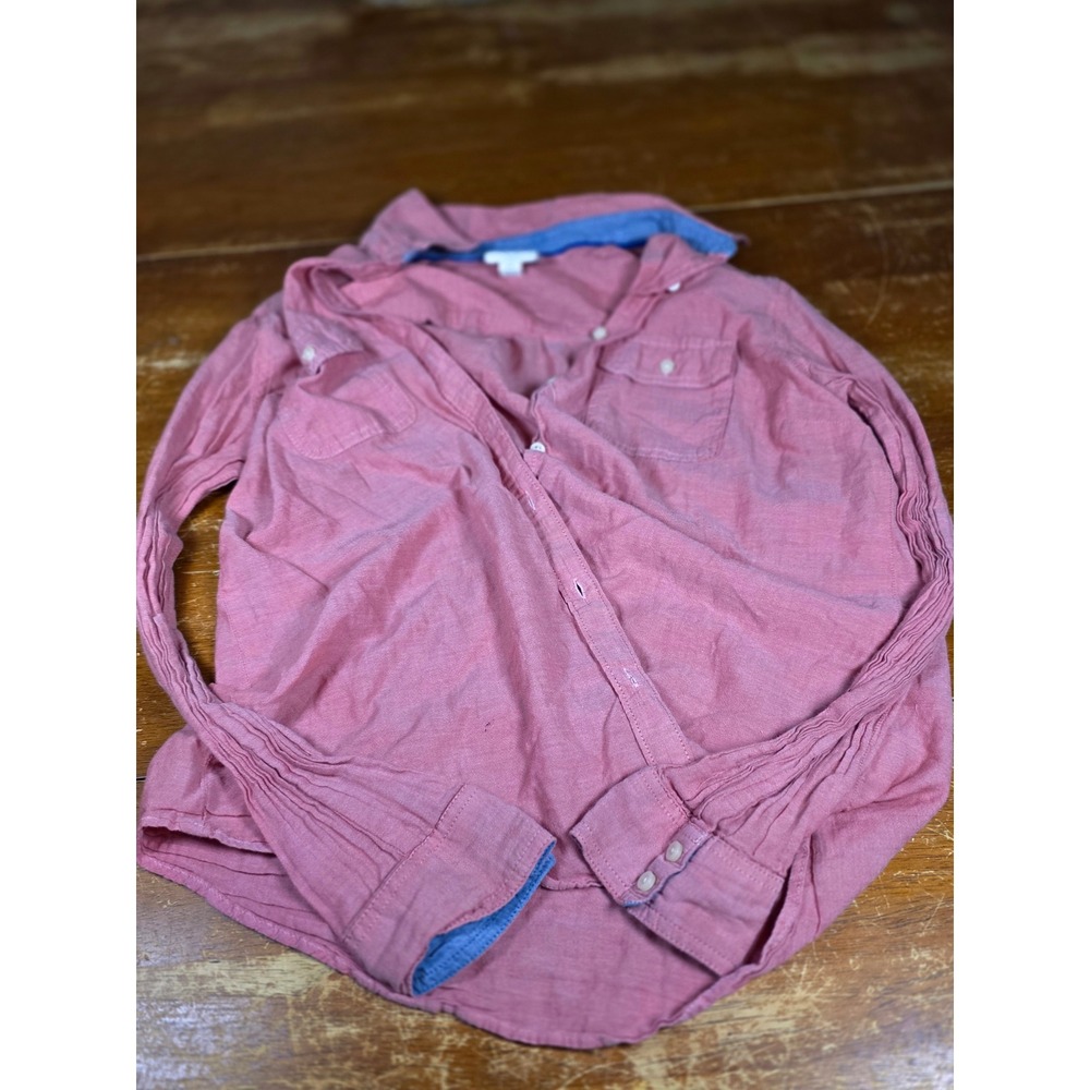 St Johns Bay Womens Salmon Pink Cotton Button Down Shirt Long Sleeve Size M
